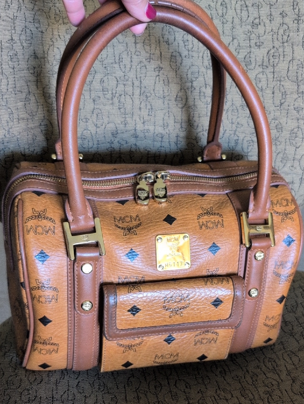 Authentic MCM Visetos Cognac One Pocket Boston Handbag In Great Condition!